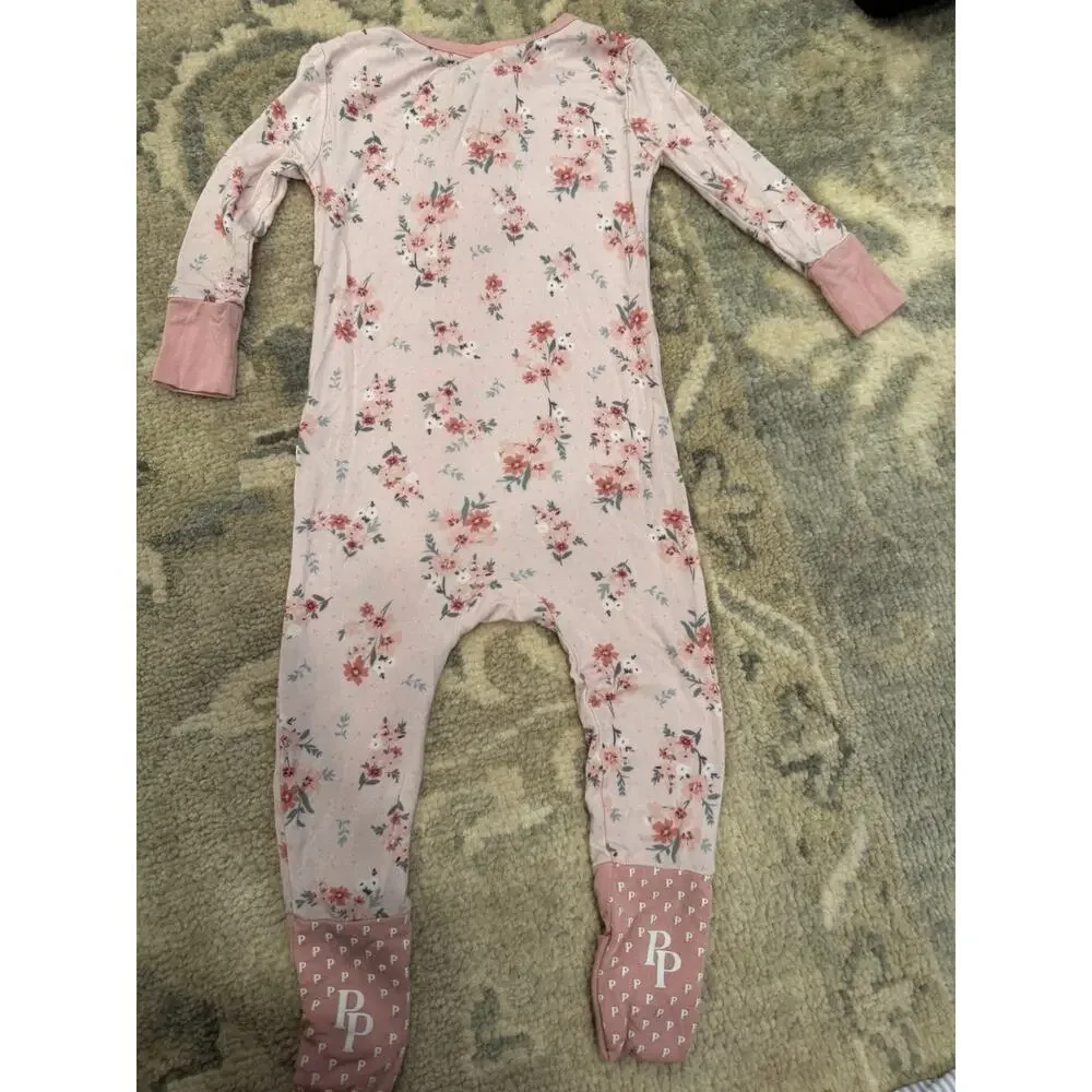 Posh Peanut Pink Floral Bamboo Foldover Feet Zipper Romper 9-12 Months NEW